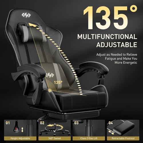 Image of HLDIRECT Gaming Chair, Ergonomic Computer Office Chair with Lumbar Support Footrest Headrest, Adjustable Height & Backrest Angle Video Gamer Chair, PU Leather, 360 Swivel, Adult (Black&Grey)