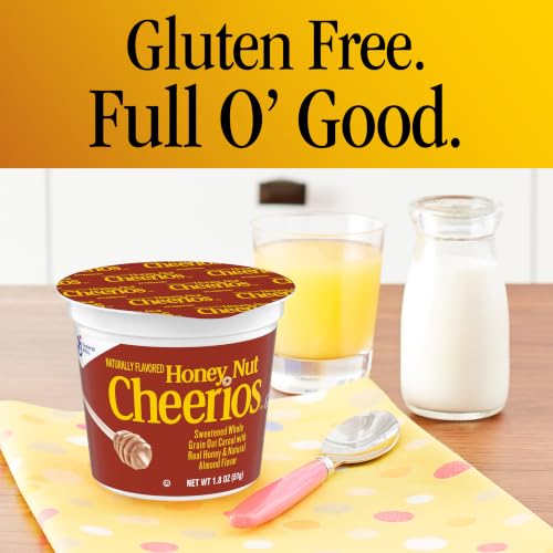Image of Cheerios Honey Nut Breakfast Cereal Cup, Gluten Free, Single Serve, 1.8 oz | Real Honey & Natural Almond Flavor, Can Help Lower Cholesterol, Excellent Source of Vitamin D, 22g Whole Grain per Serving