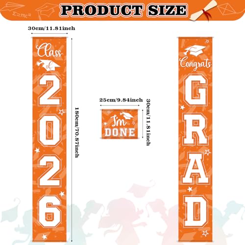 Image of Moukeren 3 Pieces 2026 Graduation Party Decorations Graduation Porch Sign Class of 2026 Grad Hanging Porch Banner Backdrop Door Sign for Grad Party Home Door Wall Decor(Orange)