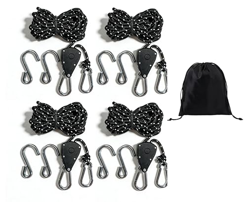 Adjustable Ratchet Tie Down Straps (1/6' 4mm, 1/4' 6mm, 3/8' 10mm) Ratcheting Pulley Guy Rope with Metal Hook & Adjuster, for Kayak, Freight, Truck, Tents, Plants & Grow Lights (2, 1/4' (6mm))