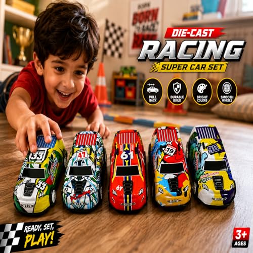 Image of GITGRNTH 5-Piece Pull Back Die-Cast Car Set for Kids | Metal Racing Toy Cars with Pull Back Action | Mini Sports Car Collection | Educational Vehicle Toys for Boys & Girls Age 3+