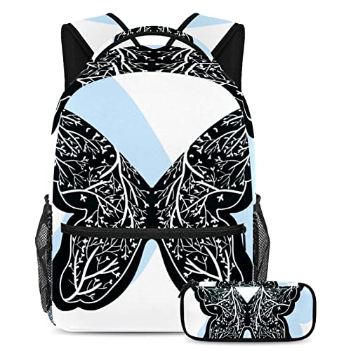 Sac à dos papillon noir cartable école collège avec trousse voyage garçon fille ado