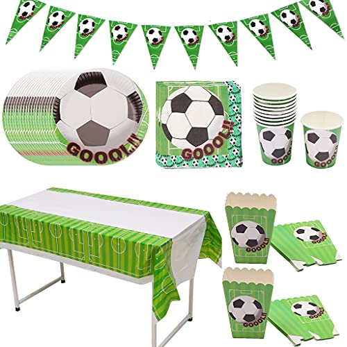 Amycute Vaisselle Decoration Anniversaire Football Fournitures de Fête, Assiettes Carton Tasses Serviette Papier Nappe Boite Pop Corn pour Deco Table Enfant Garçon Carnaval (10 Invités)