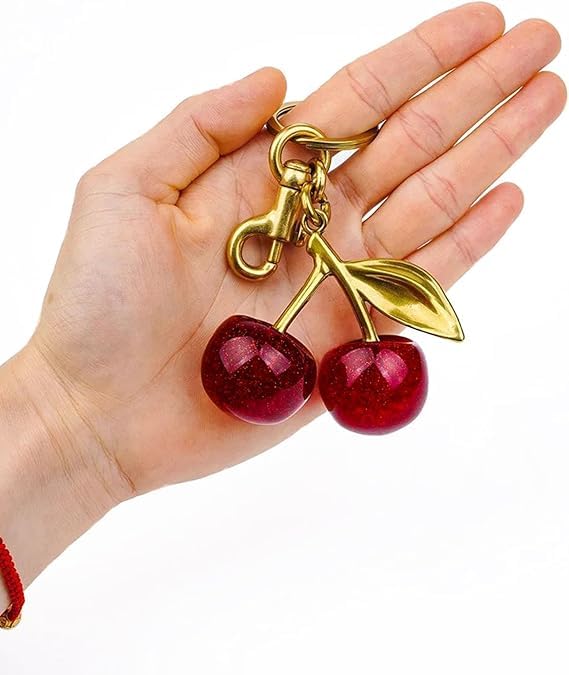 Image of Dazzliq Metal Glitter Cherry Bag Charm With Key Ring Bag Charms For Handbags Cherry Keychain Unique Key Chains For Women Key Ring For Girls Cherry Charms For Bags Car Accessories, Red