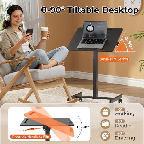 Image of JOY worker Mobile Standing Desk, 23.6 inch x 20.5 inch Small Rolling Laptop Cart with 90 Tiltable Desktop, Portable Height Adjustable Sit-Stand Computer Desk on Wheels for Home Office, Black