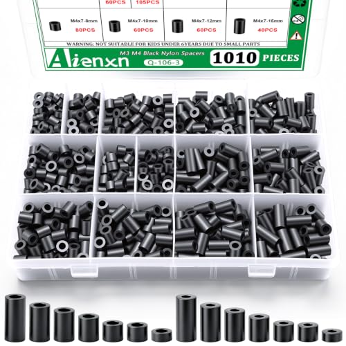 Image of 1010PCS Black Nylon Spacers Kit, 14 Sizes- 3mm,5mm,6mm,8mm,10mm,12mm,15mm Length for M3 M4 Screws, Non-Threaded Round Plastic Spacers Suitable for Switch & Receptacle Screws