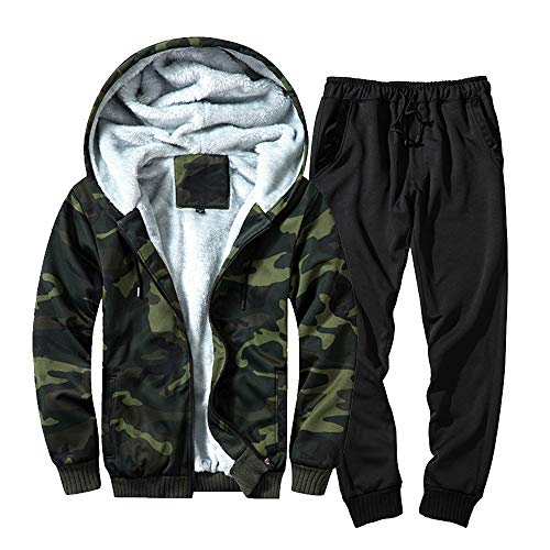 JiaMeng Hombres Invierno Calor Jogging con Capucha Conjuntos Cremallera Manga Larga Camuflaje Sudadera Top con Capucha Chandal 2 Piezas Pantalones Conjuntos Traje Informal Chándal