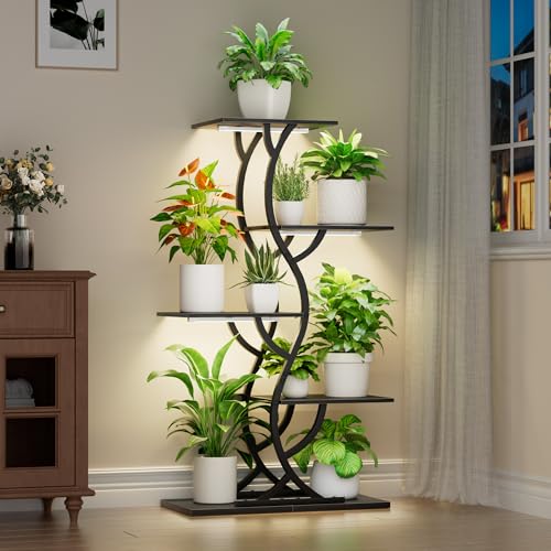 Image of Plant Stand Indoor with Grow Lights - 5 Tiered Corner Plant Shelves (Black) | 44 inch Tall Metal Plant Shelf, S-Shape Lighted Flower Holder Dispaly Rack for Living Room, Home, Patio, Balcony