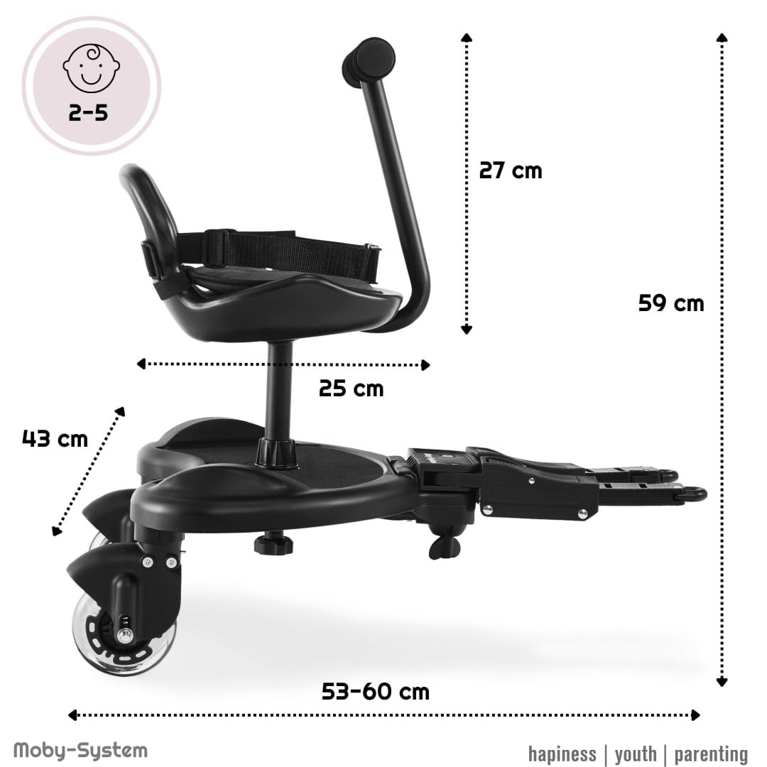 Moby-System, Board mit Sitz für Rollstühle mit Sitz Universelle Plattform für ältere Kinder, Leuchtende LED-Räder mit Stoßdämpfung passend für jeden Kinderwagen