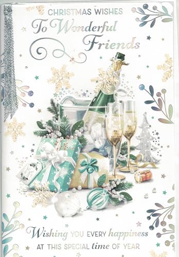 To Wonderful Friends Christmas Card Large 24 x 16 cm Luxury Greeting for Friends with Attached Ribbon Festive Champagne & Gifts Design