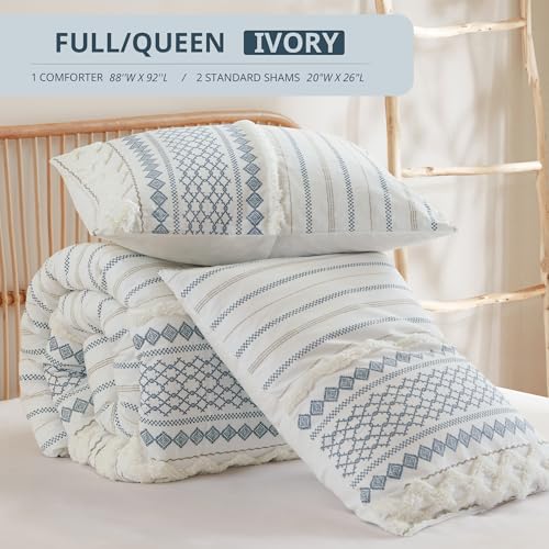 Image of Ink+Ivy Queen Comforter Set, Boho Comforters, Breathable Cotton Bed Set, All Season Modern Chenille Tufted Comforter with Farmhouse Bedding Flare, Gifts for Woman, White /Navy 3 Piece