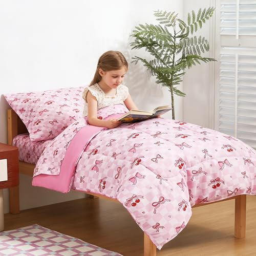 Image of lasoftan Toddler Bedding Set, Toddler Bed Comforter Sets for Girls, Toddler Bed Set, Pink Cherry Printed
