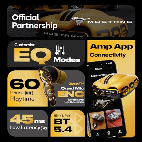 GOBOULT Mustang Torq Wireless in Ear Earbuds with 60H Playtime, App Support, Quad Mic ENC, 45ms Low Latency, 13mm Driver, Breathing LEDs, Made in India Ear Buds Wireless (Yellow) view 2