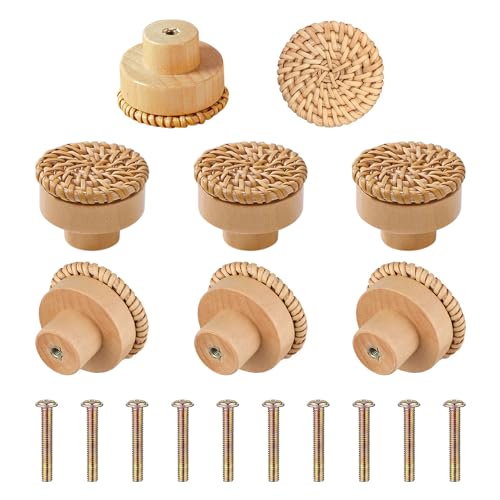 Kacrilidi 8 Piezas Pomos de Ratán para Gabinete, Tiradores Redondos de Madera, Pomos Madera de Ratán Tiradores Cajones Madera con Tornillos, para Cajones, Cocina, Armarios, Muebles, Aparador
