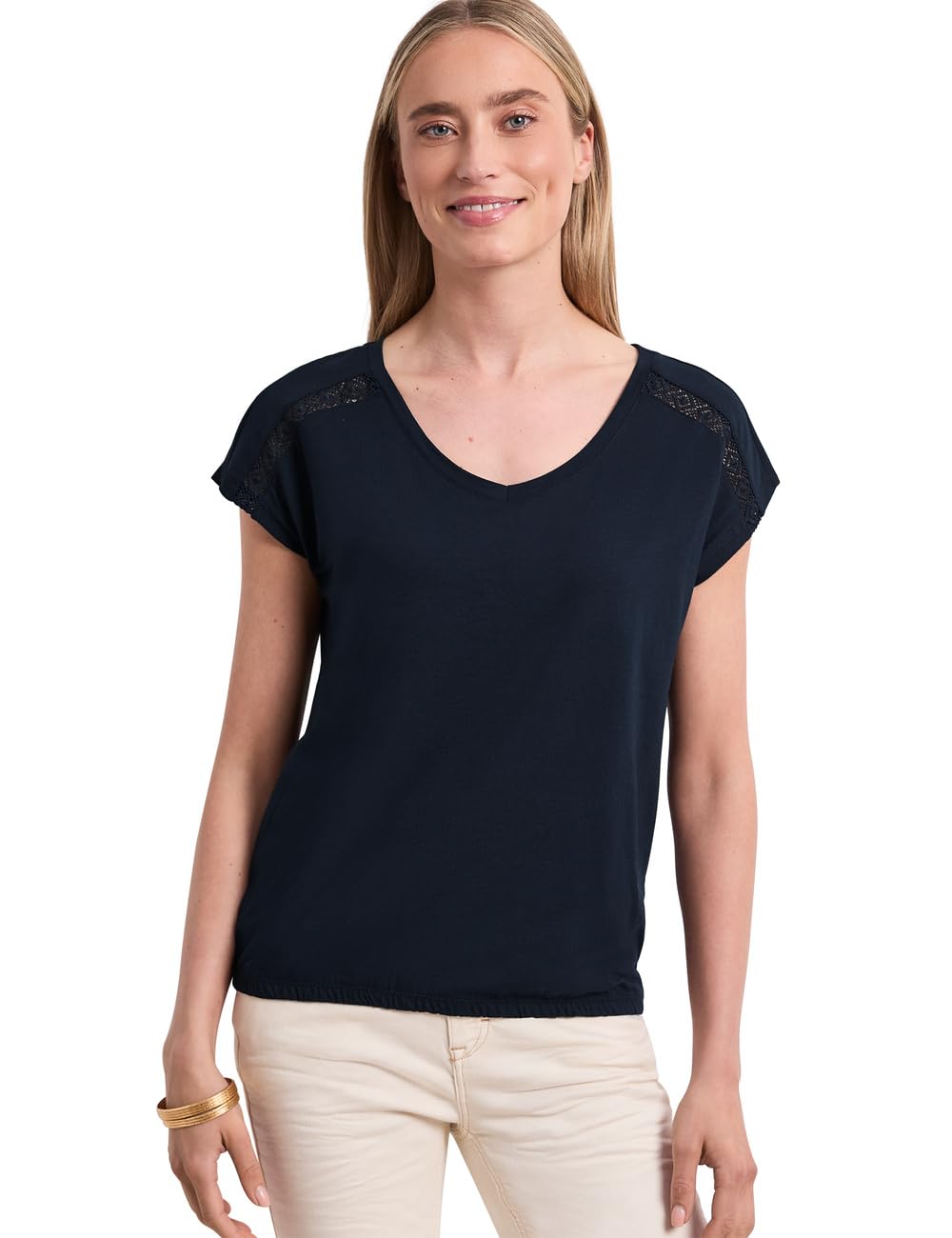 Street One Women's 3229114 Shirt with V-Neck and Crochet Details (Pack of 1), Deep Blue, 12