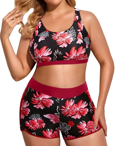 Image of Holipick Women Plus Size Swimsuits - Athletic 3 Piece Tankini with Shorts