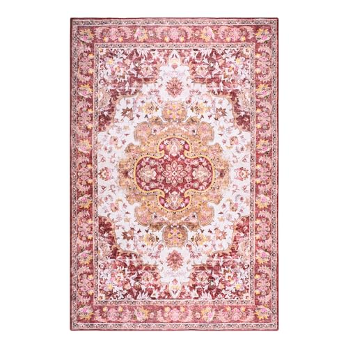 Opreine 8x10 Area Rugs for Living Room, Soft Low Pile Non-Slip Vintage Floral Large Area Rug, Foldable Washable Rug, Christmas Rugs for Bedroom, Dining Room, Bedside, Farmhouse, Dorm(Red, 8'×10')