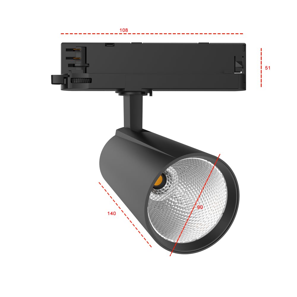 Spot sur Rail à LED 30 Watts Triphasé à 4 Fils Rotatif et Pivotant 3000K Blanc Chaud 2800lm Plafonnier en Aluminium pour Système de Rail d'Éclairage Intérieur Noir