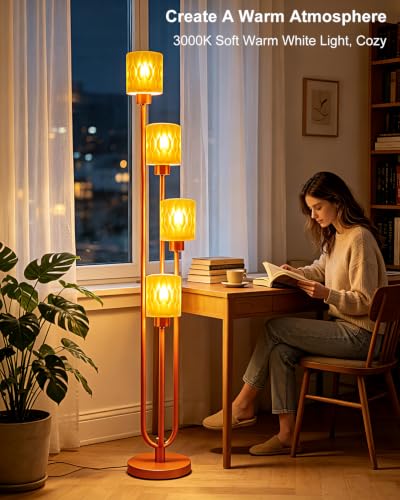 Image of Lightdot Orange Glass Floor Lamp Dimmable 4-Light Farmhouse Gold Floor Lamp | Mid Century Modern Standing Tall Lamp with 5Lbs Heavy Base for Living Room /Bedroom /Sofa Beside /Corner Decor -Bulbs Included