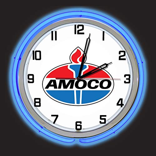 19" Amoco Oil Sign Double Neon Clock, Two Neon Tubes, Blue Outside Tube…