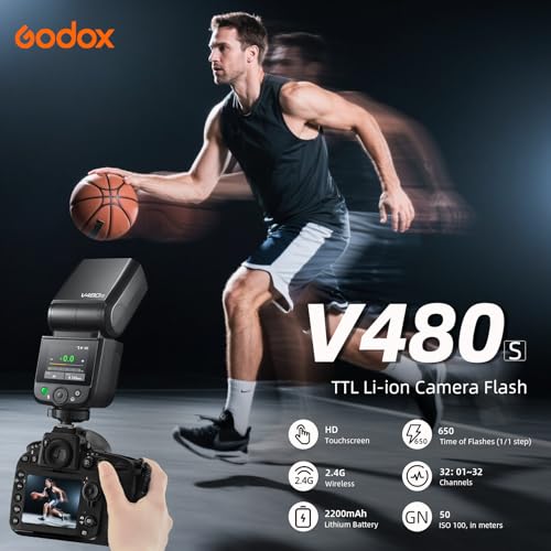 Image of Godox V480S TTL Speedlite Flash for Sony Cameras, GN50, 2.0 inch Touchscreen, HSS 1 /8000s, Electronic Shutter Sync, 2.4G Wireless, USB-C Rechargeable, 650 Full-Power Flashes, Compatible with A7IV A7III
