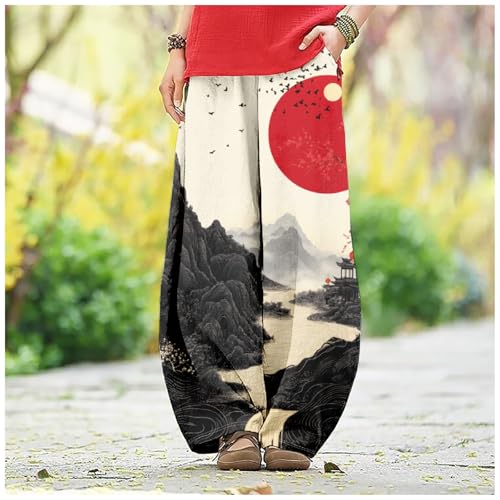 MARSVOVO Baggy Sweatpants for Women Harem Wide Leg Pants Woman Landscape Oil Painting Print Casual Pants with Pockets4