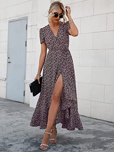 PRETTYGARDEN Women's Summer Maxi Dress Casual Wrap Floral Boho Short Sleeve V Neck Split Ruffle Beach Long Dresses
