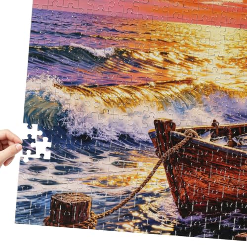 Rompecabezas de 1000 piezas Beach Sunset para adultos, paisaje costero con barco oceánico y casa frente al mar miniatura 4