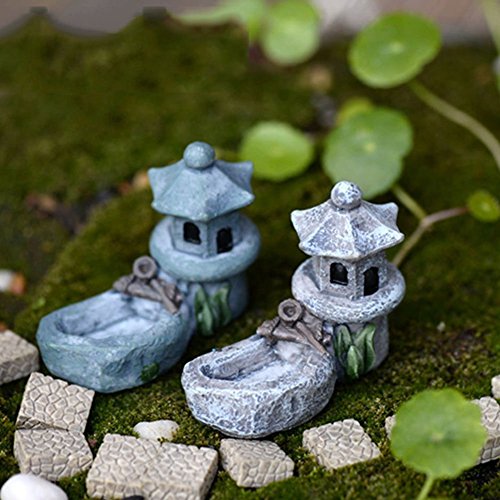 Miniature Ornament Micro Landscape Fairy Garden Decor, Pavilion with a Pond, Mini Retro Pond Tower Craft Fairy Garden Decor Figurines Toys Micro(Random)