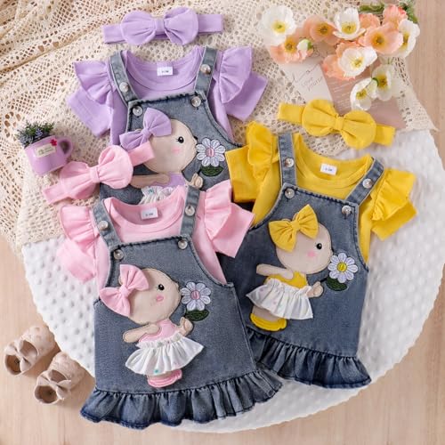 Baby Girl Clothes Newborn Baby Girl Romper Ruffle Short Sleeve Cute Bear Cartoon Jeans Skirt Outfit Set 0-18 Months4