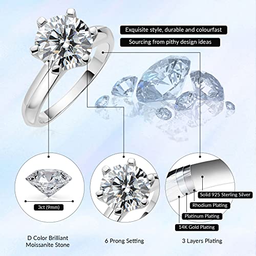 AINUOSHI Sterling Silver Moissanite Ring, 3.0 ct Round Cut Wedding Ring, D-E Color Grade, Perfect for Wedding, Engagement and Anniversary.3