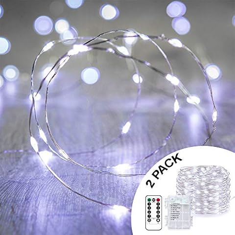 ANJAYLIA 2 Pack 33ft 100 LED Fairy Lights Battery Operated String Lights, Waterproof Copper Wire Dimmable Firefly Lights with Remote Control Timer Christmas Lights White Cover