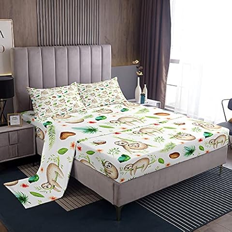 Homewish Sloth Sheet Set Twin Size Cartoon Animal Bedding Set 3pcs Deep Pocket Bed Sheets with Animal Fitted Sheet, Sloth Flat Sheet and 1 Pillow Case Tree Leaf Bed Sheet Set Cover