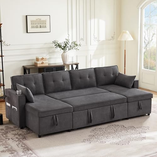 Wyibwy, Sofá de 4 plazas, sofá cama en forma de U, con portavasos y dos compartimentos de almacenamiento, tejido de algodón y lino, 270 x 130 x 86cm, para salón/apartamento, gris