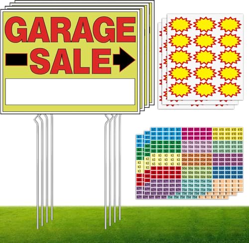 Vividsphere Garage Sale Signs 4Pack Double-sided Printed Waterproof Yard Signs(18*13) with Heavy-Duty Metal Stakes Plus 6Pack Yard Sale Price Stickers for your Outdoor Yard Sale Event
