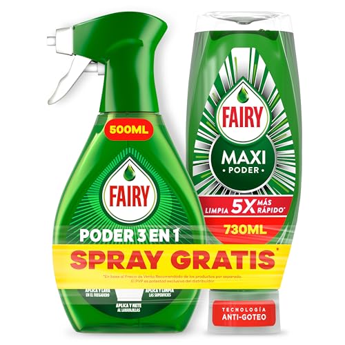 Fairy Maxi Poder Lavavajillas Líquido 730ml, limpieza fácil incluso en ollas y sartenes grasientas + Poder Sin Remojo Limón Spray 500ml, antigrasa para vajilla y cocina