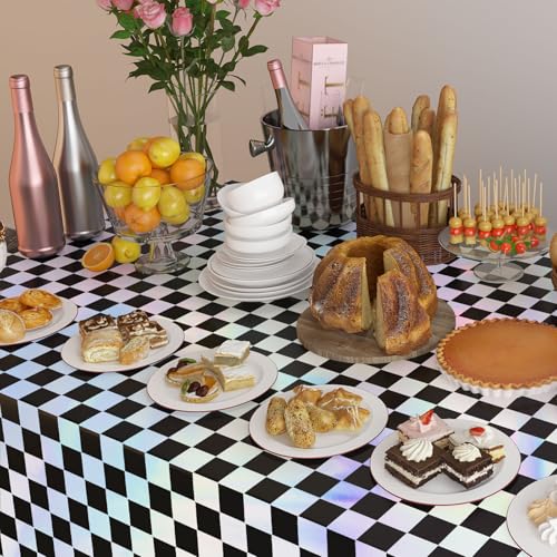 Image of 4 Pack Plastic Tablecloths Disposable Tablet Cover Black&Silver 54 x 108 In | Foil Glitter Table Cloth for Rectangle Tables Indoor / Outdoor Party Decorations Birthday Princess Bridal Wedding Christmas