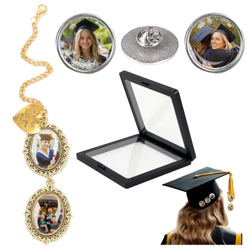 4Pcs Graduation Tassel Photo Charms, Custom 2025 Antique Gold Tassel Photo Charm & Badges, I Always with You Personalized Memorial Picture Charm for Cap Decorations