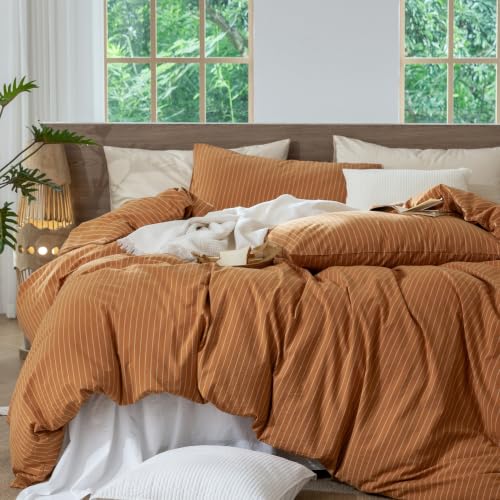 Image of MooMee Striped Duvet Cover Set 100% Washed Cotton Linen Like King | Relaxed Linen-like Texture. Soft, Breathable & Long-lasting Comfort. Lightweight. Hidden Zipper with 8 Interior Corner Ties
