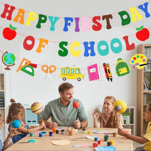 Image of Pre-Strung Happy First Day Of School Banner Decorations, Glitter Back To School Garland for Kindergarten Classroom Bulletin Home Office PreK Teacher Students Party Photo Backdrop Blackboard Decor