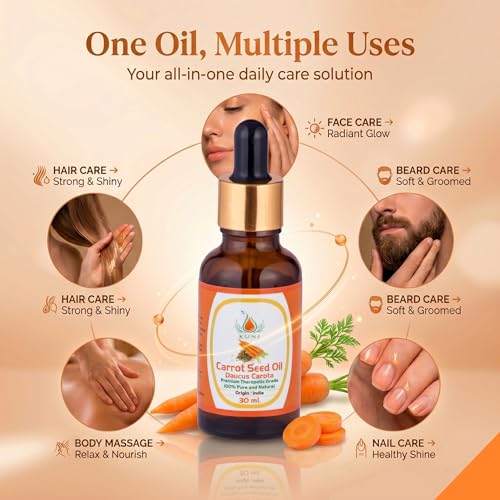 Image of KUNJ Carrot Seed Oil 30ml | 100% Pure & Natural Cold Pressed Oil | Undiluted Beauty Oil for Glowing Skin, Face Nourishment, Skin Hydration & Daily Skincare Use