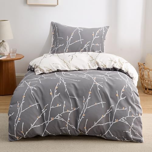 Bedsure Funda Nordica Cama 90 - Juego de Cama Reversible de Poliéster Oeko-Tex, Funda de Edredón 135x200 cm y 1 Almohada 50x75 cm, Nórdica con Cremallera, Ramitas Grises, Gris/Blanco