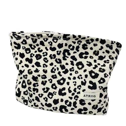 CRIZAN Juego de neceser de maquillaje con 5 pinceles, estuche de cosméticos de viaje con estampado de leopardo, mini bolsa floral rosa, organizador portátil de artículos de tocador (blanco)