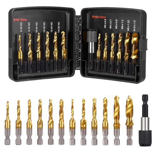 13-Piece Combination Drill and Tap Set SAE 6-32NC to 1/4-20NC and M3-M10 Metric Titanium-Coated with Quick-Change Adapter
