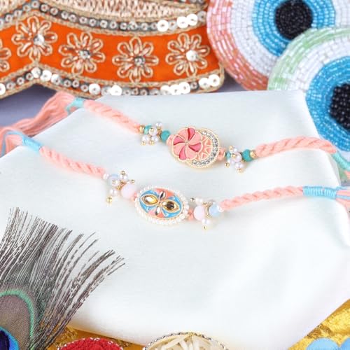 Image of Traditional Handmade Beaded Rakhi For Raksha Bandhan| Hand Bracelet For Brother| Wrist Band For Bhaiya & Bhabhi | Trendy Combination Designs Protective Thread Combo-Set Of 2