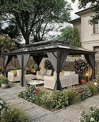 12'x20' All-Weather Gazebo, Metal Hardtop Gazebo with Double Metal Roof, Aluminum Alloy Frame, Netting & Curtains for Patio/Deck/Backyard/Lawn/Garden, Gray
