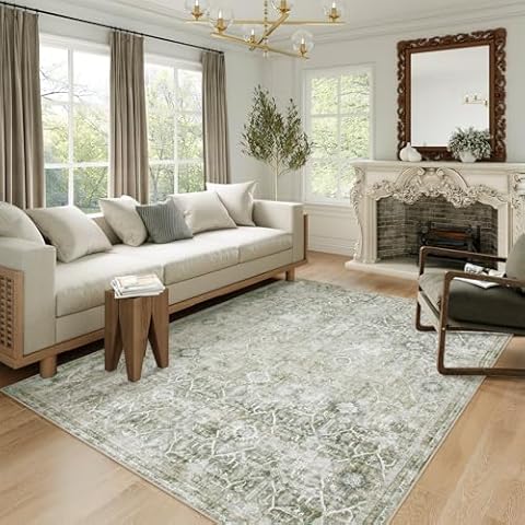 Washable Area Rug 5x7, Large Green Rugs for Living Room Vintage Soft Rugs for Bedroom, Non Slip Ultra-Thin Stain Resistant Dining Room Floor Carpet for Entryway Kitchen Office Cover
