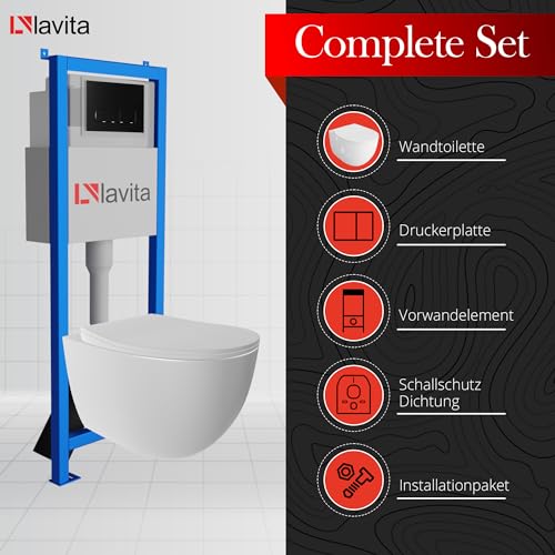 Lavita LAV 101 Vorwandelement für WC 40cm + Wand Hänge Tiefspül WC MONDO Weiß Spülrandlos + Bedienplatte LAV 200.3.4 Schwarz | Komplettset | Unterputz Spülkasten | Toilette Komplett Sett – Bild 4