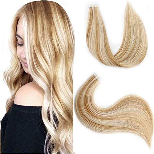 18Inch 50g 20pcs Real Tape in Human Hair Extensions for Women Tape on hair extensions human hair hightlights Drity Blonde to Bleach Blonde 18/613 Balayage Hair Natural Hair Extensions