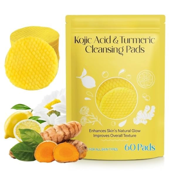 THE PURE NEST Kojic Acid and Turmeric Cleansing Pads for Dark Spots, Skin Brightening & Acne Prevention, Vitamin B5, Vitamin C, Infused Foaming Exfoliating for Face for All Skin (60Pcs)